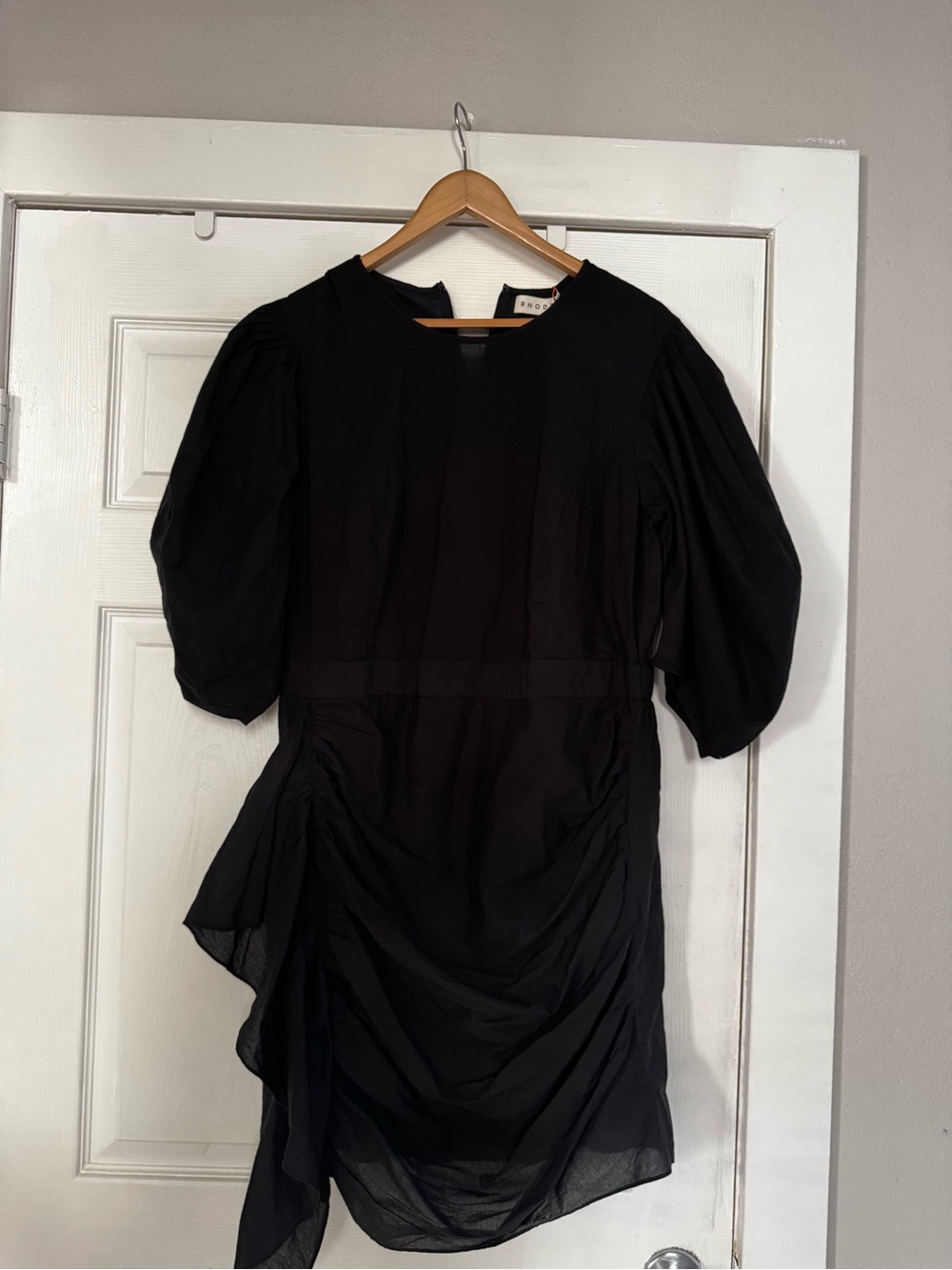 RHODE Black Puff-Sleeve Ruched Mini Dress